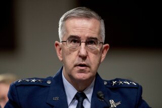 FILE - In this April 11, 2019, file photo, U.S. Strategic Command Commander Gen. John Hyten testifies before a Senate Armed Services Committee hearing on Capitol Hill in Washington. Senators are hearing closed-door testimony about allegations of sexual misconduct against Air Force Gen. John Hyten as they weigh his nomination for vice chairman of the Joint Chiefs of Staff. (AP Photo/Andrew Harnik, File)