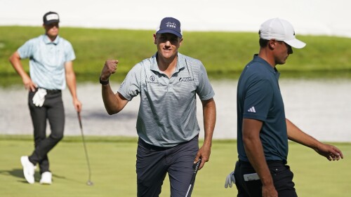 Brendon Todd reacts after making his putt on the 18th green during the third round of the John Deere Classic golf tournament, Saturday, July 8, 2023, at TPC Deere Run in Silvis, Ill. (AP Photo/Charlie Neibergall)