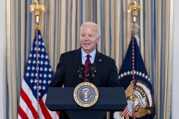 President Joe Biden speaks during a meeting of his Competition Council to announce new actions to lower costs for families in the State Dining Room of the White House in Washington, Tuesday, March 5, 2024. (AP Photo/Andrew Harnik)