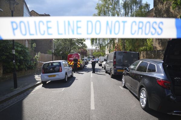 A police cordon is seen in Kentish Town, near British Prime Minister Keir Starmer's house in north London, Monday, May 12, 2025. (James Manning/PA via AP)