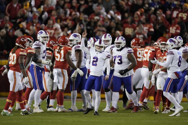 Buffalo Bills place-kicker Tyler Bass (2) celebrates after making a 39-yard field goal during the second half of an NFL football game against the Kansas City Chiefs Sunday, Dec. 10, 2023, in Kansas City, Mo. (AP Photo/Charlie Riedel)