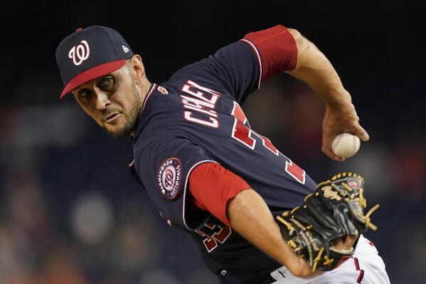 Washington Nationals starting pitcher Patrick Corbin throws during the  first inning of a baseball game against the Colorado Rockies at Nationals  Park, Monday, July 24, 2023, in Washington. (AP Photo/Alex Brandon Stock