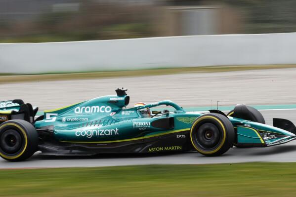 Aston Martin driver Sebastian Vettel of Germany steers his car during a Formula One pre-season testing session at the Catalunya racetrack in Montmelo, just outside of Barcelona, Spain, Friday, Feb. 25, 2022. (AP Photo/Joan Monfort)