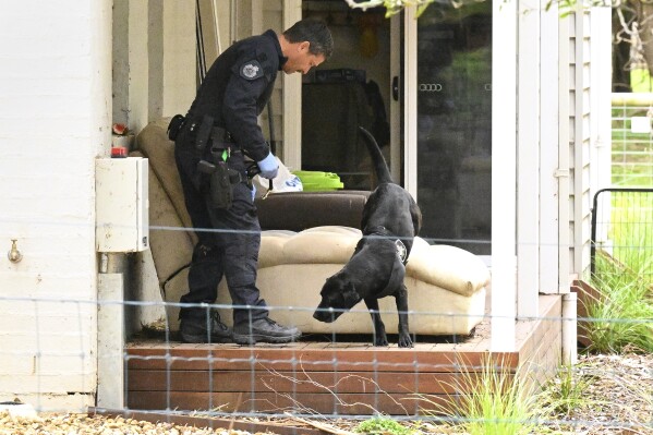 A police officer and dog investigate at the property of Erin Patterson in Leongatha, Australia, Thursday, Nov. 2, 2023. Australian police have on Thursday arrested Patterson in an investigation of a suspected mushroom poisoning incident that left three people dead. (James Ross/AAP Image via AP)