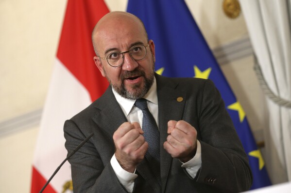 European Council President Charles Michel speaks in Vienna Austria, Friday, April 12, 2024. Michel and Austria's Chancellor Karl Nehammer host a meeting with the Danish, Latvian, Maltese, Slovak, Slovenian and Cypriot leaders on the 