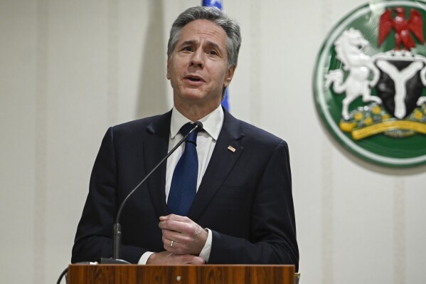 U.S. Secretary of State Antony Blinken speaks during a press conference with Minister of Foreign Affairs of Nigeria Yusuf Tuggar at the Presidential Villa in Abuja, Tuesday, Jan. 23, 2024. (Andrew Caballero-Reynolds/Pool Photo via AP)