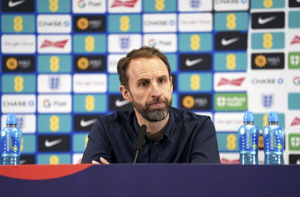 England manager Gareth Southgate speaks during a press conference at St George's Park, Burton upon Trent after England's training squad was announced ahead of Euro 2024 soccer tournament, Tuesday May 21, 2024. (Martin Rickett/PA via AP)