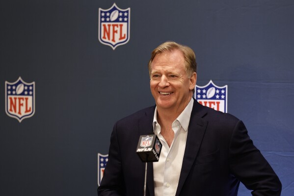 NFL football commissioner Roger Goodell speaks to the media during league meetings Wednesday, Oct. 18, 2023, in New York. (AP Photo/Adam Hunger)