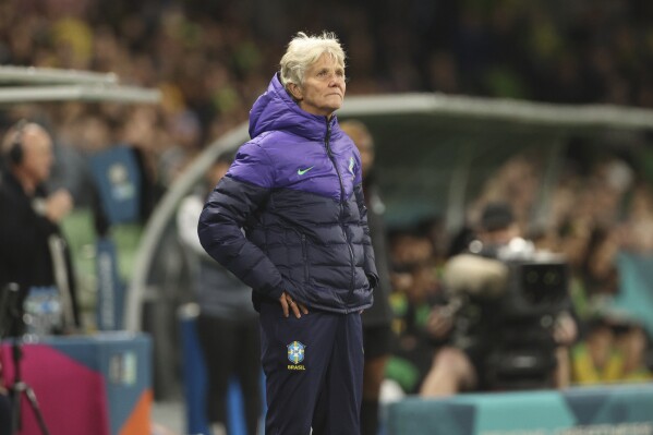 Brazil's head coach Sundhage Pia watches her team during the Women's World Cup Group F soccer match between Jamaica and Brazil in Melbourne, Australia, Wednesday, Aug. 2, 2023. (AP Photo/Hamish Blair)