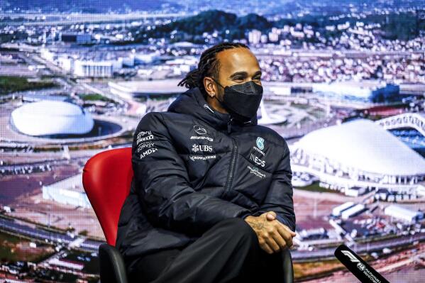 Britain's Lewis Hamilton of Mercedes attends the press conference at the Sochi Autodrom circuit, in Sochi, Russia, Thursday, Sept. 23, 2021. The Russian Formula One Grand Prix will be held on Sunday. (Joao Filipe/DPPI, Pool via AP)
