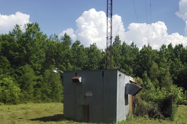 This image provided by Brett Elmore shows WJLX radio's tower in Jasper, Ala. Authorities say a thief or thieves made off with the 200-foot tower, which was discovered missing Friday, Feb. 2, 2024, and shut down WJLX Radio. (Brett Elmore vai AP)