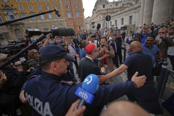 Cardinal Claudio Gugerotti arrives at the Vatican, Monday, May 5, 2025, to attend the General Congregation of cardinals in the New Synod Hall where they are preparing for the upcoming conclave starting on May 7, to elect the 267th Roman pontiff. (AP Photo/Andrew Medichini)