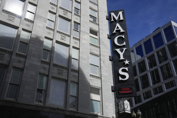 The Macy's store at Union Square is seen in San Francisco, Tuesday, Feb. 27, 2024. Macy's will close 150 unproductive namesake stores over the next three years including 50 by year-end, the department store operator said Tuesday after posting a fourth-quarter loss and declining sales. (AP Photo/Eric Risberg)