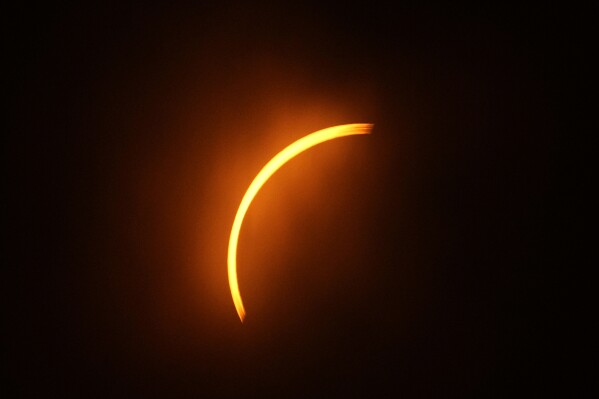 The moon partially covers the sun during a total solar eclipse, as seen from Eagle Pass, Texas, Monday, April 8, 2024. (AP Photo/Eric Gay)