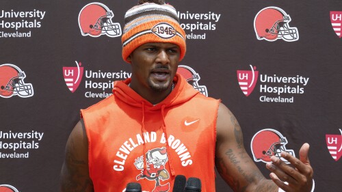 FILE - Cleveland Browns quarterback Deshaun Watson answers a question during a press conference after practice at the NFL football team's practice facility Wednesday, June 7, 2023, in Berea, Ohio. This will be a very different training camp for the Cleveland Browns and quarterback Deshaun Watson. (AP Photo/Ron Schwane, File)