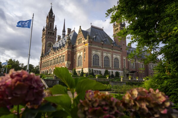 View of the Peace Palace which houses World Court where Ukraine's legal battle against Russia over allegations of genocide used by Moscow to justify its 2022 invasion, resumed in The Hague, Netherlands, Tuesday, Sept. 19, 2023. Russia seeks to have a groundbreaking case tossed out at the International Court of Justice, also known as the Word Court, in a case which will see Ukraine supported by a record 32 other nations in a major show of support for the embattled nation.(AP Photo/Peter Dejong)