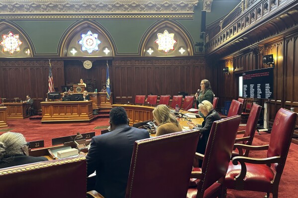 State Sen. Mae Flexer, D-Windham, speaks at the Connecticut State Capitol, Tuesday, Sept. 26, 2023, in Hartford, Conn., about a bill authorizing an election monitor in Bridgeport. It comes amid concerns of possible absentee ballot fraud in the city's Sept. 12, 2023 mayoral primary. (AP Photo/Susan Haigh)