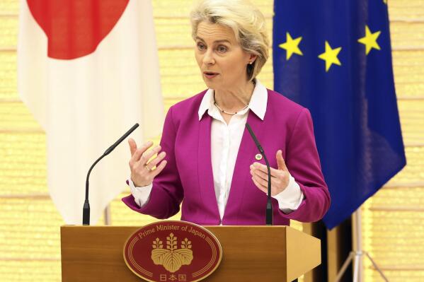 European Commission President Ursula von der Leyen announces a joint statement with Japanese Prime Minister Fumio Kishida and European Council President Charles Michel at the prime minister's official residence in Tokyo Thursday, May 12, 2022. (Yoshikazu Tsuno/Pool Photo via AP)
