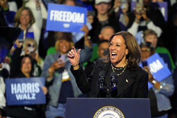 Democratic presidential nominee Vice President Kamala Harris speaks during a campaign rally at Erie Insurance Arena, in Erie, Pa., Monday, Oct. 14, 2024.(AP Photo/Gene J. Puskar)