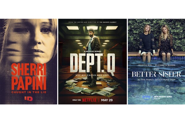 This combination of images shows promotional art for "Sherri Papini: Caught in the Lie", from left, " Dept. Q", and "The Better Sister." (Investigation Discovery/Netflix/Prime Video via AP)