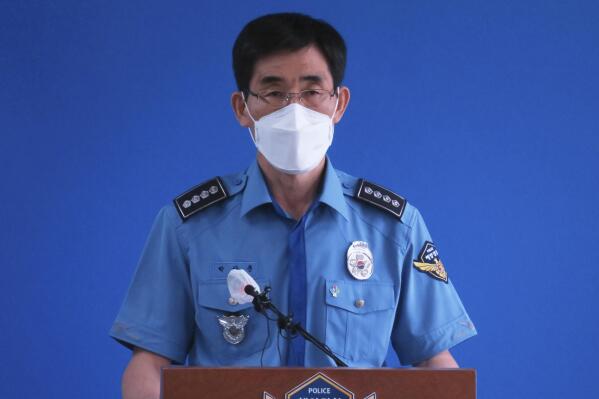 Park Sang-chun, head of the Incheon Coast Guard, speaks during a press conference in Incheon, South Korea, Thursday, June 16, 2022. South Korea’s new conservative government says there is no evidence that a South Korean official slain by North Korea near the rivals’ disputed sea boundary in 2020 had intended to defect to the North. (Newsis/Kim Dong-young via AP)