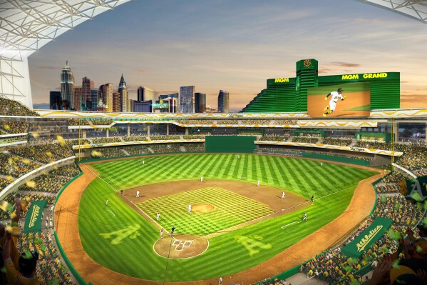 FILE - This rendering provided by the Oakland Athletics on May 26, 2023, shows a view of their proposed new ballpark at the Tropicana site in Las Vegas. A teachers' union political group has filed a second legal effort to block Nevada from spending up to $380 million in taxpayer funds to build a $1.5 billion baseball stadium on the Las Vegas Strip for the relocated Oakland Athletics. (Oakland Athletics via AP, File)