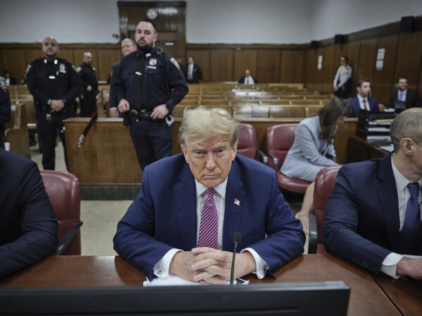 Former President Donald Trump appears for jury selection in his trial at Manhattan criminal court in New York, Friday, April 19, 2024. (Curtis Means/DailyMail.com via AP, Pool)