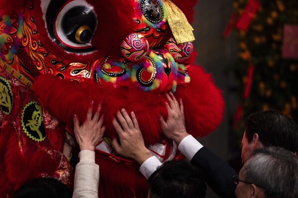Guests touch a lion dance costume during a ceremony to mark the first trading day of the Year of the Dragon at the Hong Kong Exchanges (HKEX) in Hong Kong, Wednesday, Feb. 14, 2024. (AP Photo/Louise Delmotte)