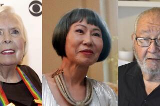 Joni Mitchell appears at the honors gala for the 44th Kennedy Center Honors in Washington on Dec. 5, 2021, left, author Amy Tan arrives for a State Dinner at the White House in Washington on Aug. 2, 2016, center, and Kiowa writer N. Scott Momaday, the first Native American to win a Pulitzer Prize for fiction, appears in his Santa Fe, N.M., home on Nov. 13, 2019. Mitchell has received honorary membership in the American Academy of Arts and Letters, and Tan and Momaday were named general members. (AP Photo)