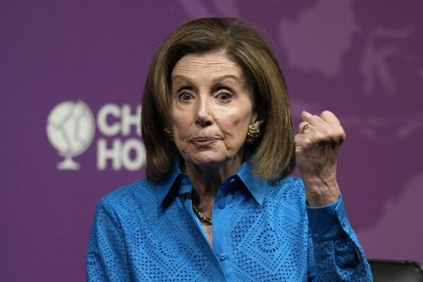 The Speaker of the United States House of Representatives, Nancy Pelosi, speaks at Chatham House, the Royal Institute of International Affairs, in London, Friday, Sept. 17, 2021.(AP Photo/Frank Augstein)