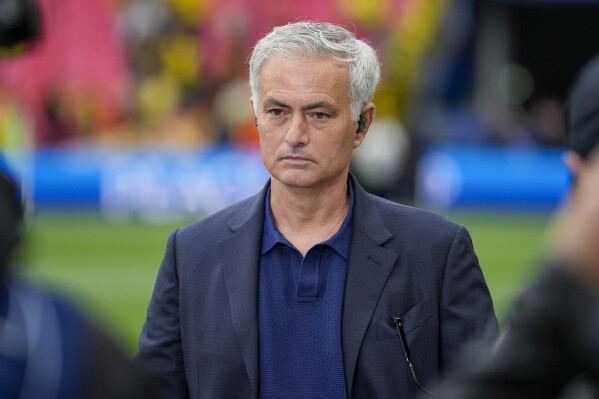 Soccer coach Jose Mourinho stands at the sideline prior to the Champions League final soccer match between Borussia Dortmund and Real Madrid at Wembley stadium in London, Saturday, June 1, 2024. (AP Photo/Kin Cheung)
