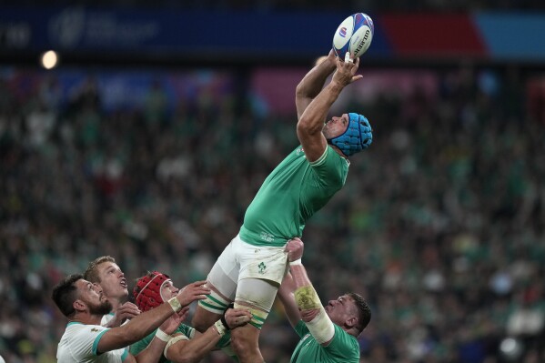 Ireland's James Ryan takes a line out during the Rugby World Cup Pool B match between South Africa and Ireland at the Stade de France in Saint-Denis, outside Paris, Saturday, Sept. 23, 2023. (AP Photo/Thibault Camus)