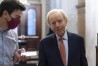 FILE - Former Sen. Joe Lieberman of Conn., right, speaks with a reporter at the Capitol in Washington, June 22, 2021. A funeral for Lieberman will be held Friday, March 29, 2024, in his hometown of Stamford, Conn. Lieberman died in New York City on Wednesday, March 27, at age 82. (AP Photo/Alex Brandon, File)