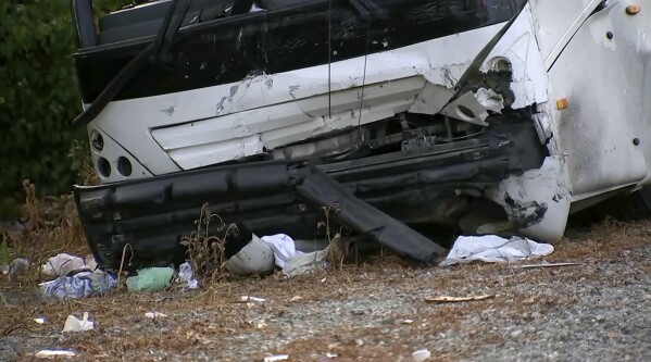 This picture provided by KABC-TV shows a crashed tour bus after collapsing on Sunday, May 11th, 2025 in Los Angeles. (KABC TV about AP)