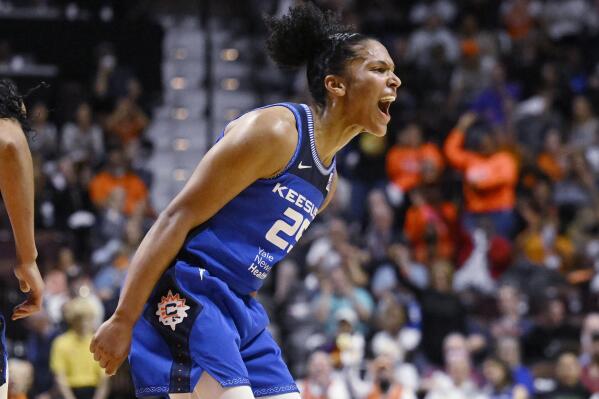 Connecticut Sun's Alyssa Thomas reacts during the first half in Game 3 of a WNBA basketball final playoff series against the Las Vegas Aces, Thursday, Sept. 15, 2022, in Uncasville, Conn. (AP Photo/Jessica Hill)