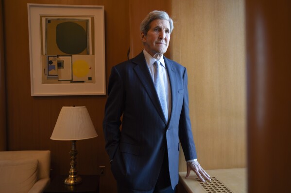 John Kerry, U.S. Special Presidential Envoy for Climate, poses for a photo during an interview with The Associated Press in his office at the State Department, Tuesday, Feb. 6, 2024, in Washington. Kerry feels he’s going out on a high note as he retires from leading U.S. efforts in international negotiations to confront ever-worsening climate change. (AP Photo/Jacquelyn Martin)