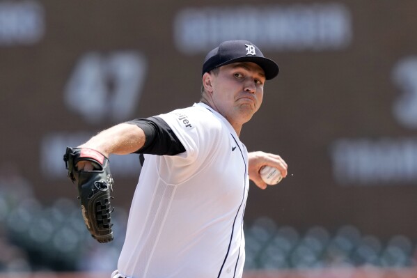 Detroit Tigers starting pitcher Tarik Skubal throws during the first inning of a baseball game against the San Francisco Giants, Monday, July 24, 2023, in Detroit. (AP Photo/Carlos Osorio)