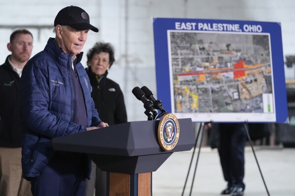 President Joe Biden speaks after touring the East Palestine Recovery Site, Friday, Feb. 16, 2024, in East Palestine, Ohio. (AP Photo/Andrew Harnik)