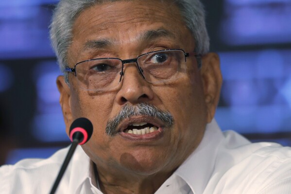 FILE - Then-Sri Lankan presidential candidate Gotabaya Rajapaksa speaks during a news conference in Colombo, Sri Lanka, Oct. 15, 2019. Former Sri Lankan President Gotabaya Rajapaksa has denied allegations in a British television program that Islamic State-inspired extremists were used to carry out bomb attacks on Easter in 2019 to create insecurity in the country and help him win the election later that year. (AP Photo/Eranga Jayawardena, File)