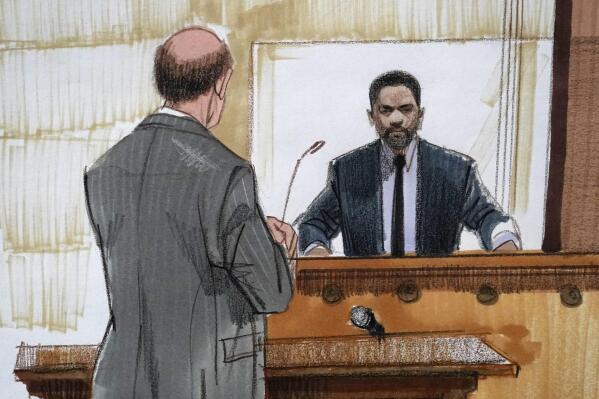 In this courtroom sketch, Special prosecutor Dan Webb, left, cross examines actor Jussie Smollett Tuesday, Dec. 7, 2021, in Chicago. (AP Photo/Cheryl Cook)