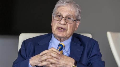 Attorney Joel Finkelstein, who was present at the signing of the Voting Rights Act of 1965, reflects on that historic event and how the legislation was born, during an interview with The Associated Press at his office in Rockville, Md., April 13, 2023. Finkelstein began his career as a young lawyer in the Civil Rights Division of the Department of Justice in 1964. (AP Photo/J. Scott Applewhite)
