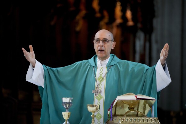 Monsignor Victor Manuel Fernandez, archbishop of La Plata, officiates Mass at the Cathedral in La Plata, Argentina, Sunday, July 9, 2023. Fernandez was appointed by Pope Francis to head the Holy See's Dicastery for the Doctrine of the Faith at the Vatican. (AP Photo/Natacha Pisarenko)