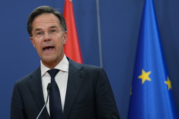 FILE - Netherlands' Prime Minister Mark Rutte speaks during a press conference at the Serbia Palace, in Belgrade, Serbia, on July 3, 2023. The caretaker Dutch government announced Tuesday, Sept. 19, 2023 that it will spend an extra 2 billion euros ($2.1 billion) per year to tackle poverty in this nation where the gap between rich and poor is shaping up as a major campaign theme ahead of a November general election. (AP Photo/Darko Vojinovic, File)