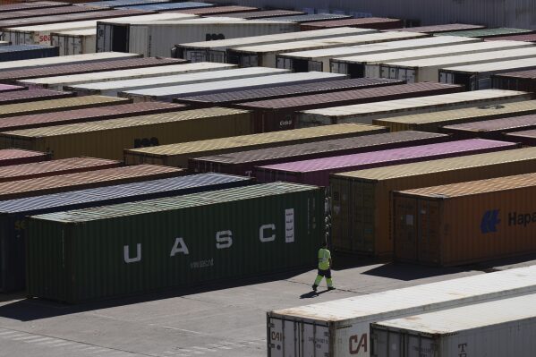 Cargo containers sit at the port in Buenos Aires, Argentina, Monday, April 14, 2025. (AP Photo/Natacha Pisarenko)