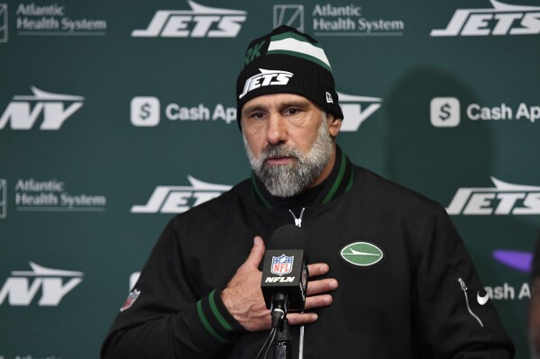 New York Jets head coach Jeff Ulbrich talks to the media following an NFL football game against the Buffalo Bills, Sunday, Dec. 29, 2024, in Orchard Park, N.Y. (AP Photo/Adrian Kraus)