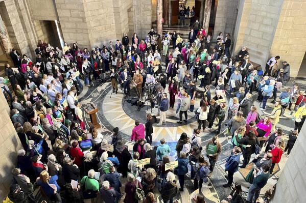 Hundreds of people crowded the Nebraska State Capitol Rotunda on Wednesday, Feb. 1, 2023, in Lincoln. Neb., to protest a so-called heartbeat bill that would outlaw abortion at a point before many women even know they're pregnant. The bill, which was before the Legislature's Health and Human Services Committee on Wednesday, would ban abortions once cardiac activity can be detected in a embryo, which is generally around the sixth week of pregnancy. (AP Photo/Margery A. Beck)