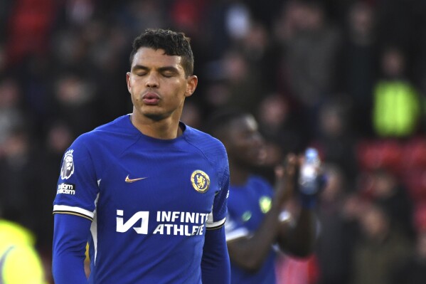 Chelsea's Thiago Silva reacts after the English Premier League soccer match between Sheffield United and Chelsea at Bramall Lane stadium in Sheffield, England, Sunday, April 7, 2024. (AP Photo/Rui Vieira)
