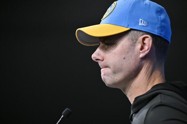 Los Angeles Chargers head coach Brandon Staley speaks during a news conference after an NFL football game against the Las Vegas Raiders, Thursday, Dec. 14, 2023, in Las Vegas. (AP Photo/David Becker)