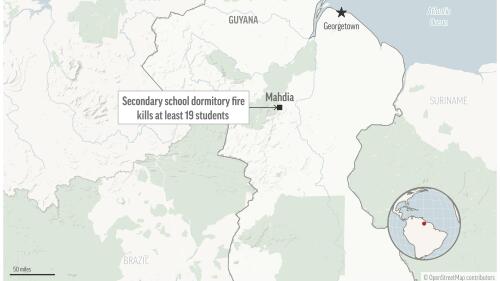 Authorities in Guyana say a fire broke out early Monday at a secondary school dormitory in Mahdia, Guyana. At least 20 students were killed. (AP Graphic)