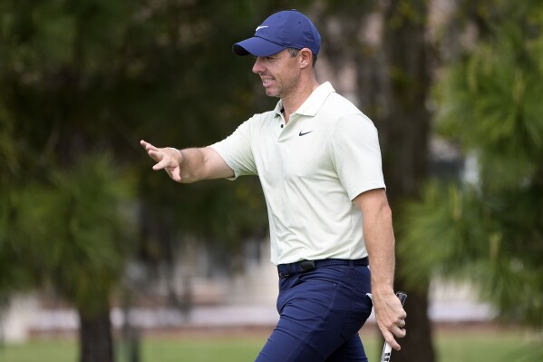 Rory McIlroy, of Northern Ireland, gestures on the second green during the final round of The Players Championship golf tournament Sunday, March 17, 2024, in Ponte Vedra Beach, Fla. (AP Photo/Marta Lavandier)